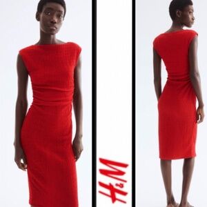 H&M red ruched draped midi dress